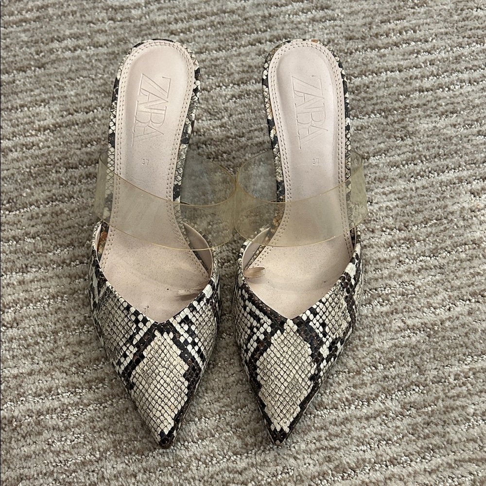 Zara Clear-Strap Snake-Print Pointed Mules in Beige and Black